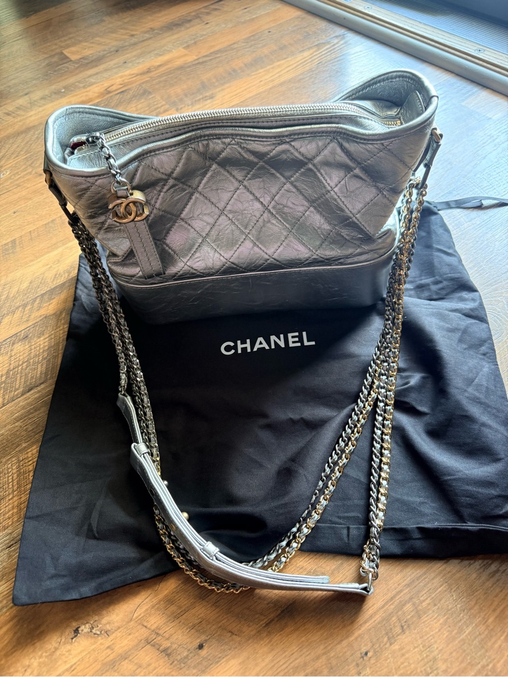 Chanel Gabrielle Hobo Metallic Silver Leather Two Tone Hw Bag AUTH